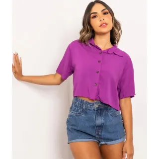 Cropped Feminino Blusa Social Botões Duna Verão 2023 - Preto
