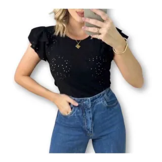 Blusa feminina laise manga dois babados gola rasa macia - G