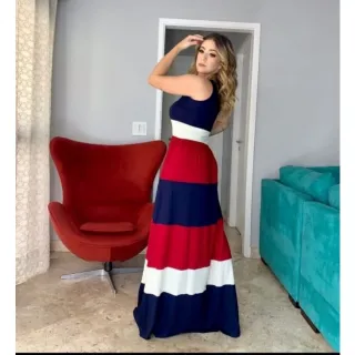 Faixas Regata Longo Náutico Vestido com - Vermelho c Azul Marinho