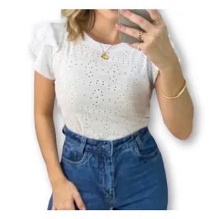 Blusa feminina laise manga dois babados gola rasa macia - G