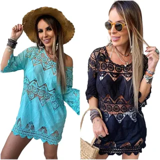 Bata Indiana Primavera Verão Feminina - Saída de Praia Boho - Azul-celeste