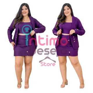 Plus Size Conjunto Cropped Blazer Saia e Short - Vinho