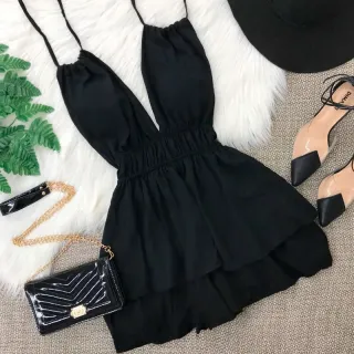 Vestido Saia Frente Única Curto Soltinho Amarrar Feminino Macaquinho - Preto