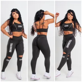 Calça Legging com Bojo Estamparia Top Conjunto Treino Impina Bum Bum - Cinza pintura na lateral