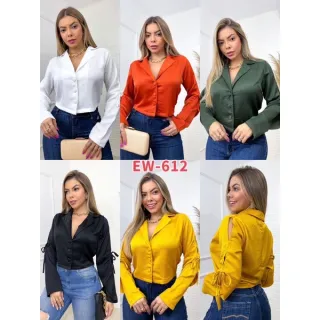 Camisa Feminina Social Liso com Detalhes em Botões na Manga - Material Novo - Branco