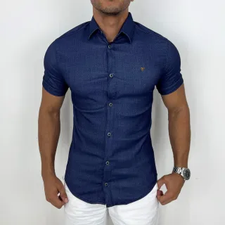 Camisas sociais masculinas slim manga curta em jeans - Kit com duas unidades - 1 Jeans Claro+ 1 Preto Azulado