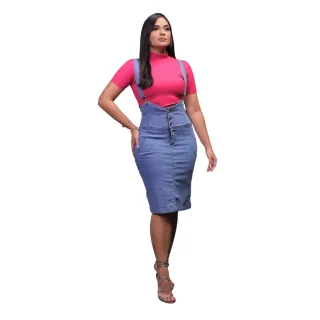 7PALLAS Jardineira Jeans Evangélica Moda 5 Botões - jeans