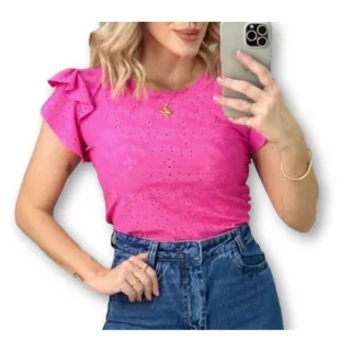 Blusa feminina laise manga dois babados gola rasa macia - G