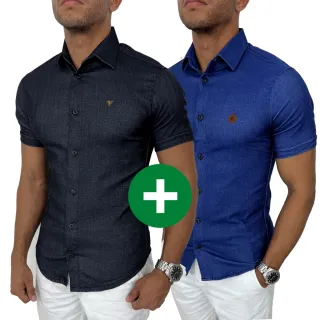 Camisas sociais masculinas slim manga curta em jeans - Kit com duas unidades