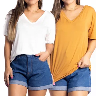 Manga curta feminina básica: kit com 2 blusas camiseta - Kit6