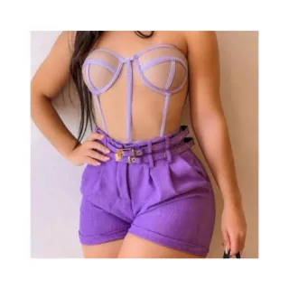 Cintura Alta Feminino Dois Cintos em Linho - Bege