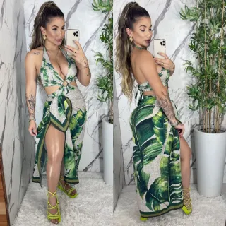 Conjunto de Body/Maiô e Páreo Saída de Praia para o Verão - IZA- Folhagem