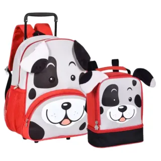 Lançamento Kit Escolar Infantil Clio Pets: Mochila de Rodinhas e Lancheira Animais - Cachorro Marrom