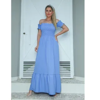 Vestido Longo de Poliéster Ombro a Ombro - Goiaba
