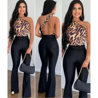 Moda Blogueira: Calça Feminina Flare Cintura Alta de Cirre com Boca de Sino e Cinto Removível - Preto