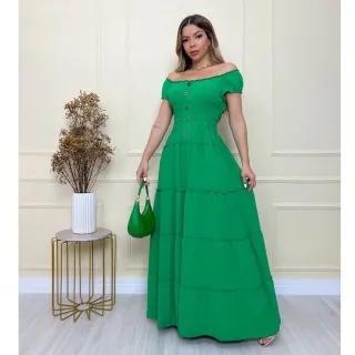 Vestido Longo Feminino com Estilo Ciganinha, Botões e Lastex na Cintura - Moda Verão - Azul Bebê