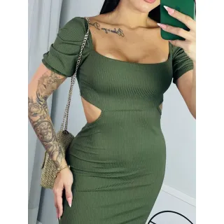 Vestido Feminino Longo com Decote Lascado, Manga Bufante e Canelado - Modelo 2213 - 221305