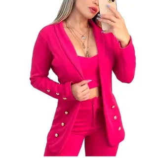Conjunto Maxi Blazer Feminino Cropped Calça Jaqueta - Vermelho