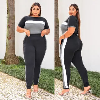 Moda Blogueira Plus Vest: Conjunto Calça Jogger e Blusa Manga Curta Plus Size (44 ao 52) - Vinho