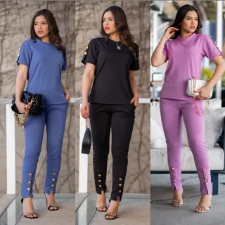 Jacquard Super Elegante Conjunto Feminino de Calça e Blusa - Rosa Pink