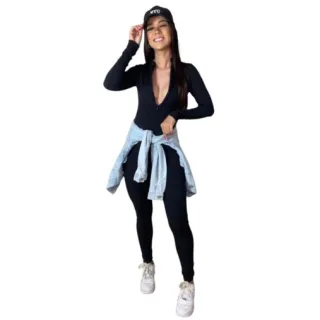 Gringa Macacão Feminino Fitness Preto Perna Longa - Preto