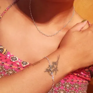 Corrente Feminina Prata 925 Conjunto Colar e Pulseira Coração - Fúcsia