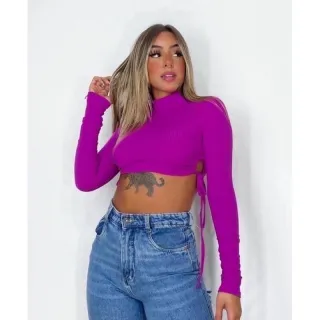 Canelado Manga Longa Amarração Top Cropped na Cintura - Verde Bandeira