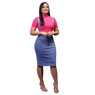 7PALLAS Jardineira Jeans Evangélica Moda 5 Botões - jeans