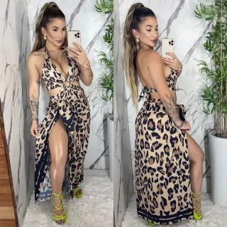 Conjunto de Body/Maiô e Páreo Saída de Praia para o Verão - IZA- Folhagem