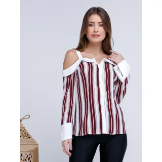 Blusa Listrada Manga Longa com Botões Frontais VV 12757 - Bordô/Branco