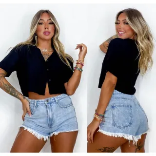 Camisa Social Feminina Cropped com Botões em Duna - Verão 2023 - Preto