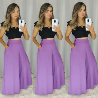 Pantalona Feminina em viscolinho P/M/G - vinho-sem cinto