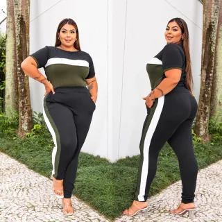 Moda Blogueira Plus Vest: Conjunto Calça Jogger e Blusa Manga Curta Plus Size (44 ao 52) - Vinho
