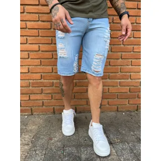 Desfiada Rasgada Bermuda Jeans Masculina - Berm azul rasgada clara
