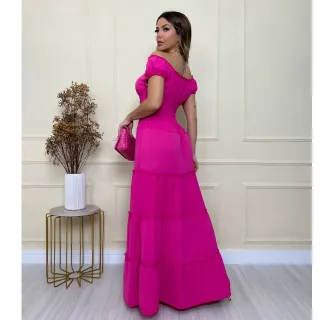 Vestido Longo Feminino com Estilo Ciganinha, Botões e Lastex na Cintura - Moda Verão - Azul Bebê