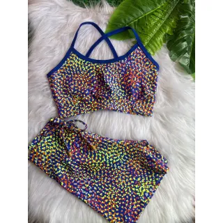 Short + Top para Academia - Conjunto perfeito para seus treinos - Rosa detalhes azul bebê