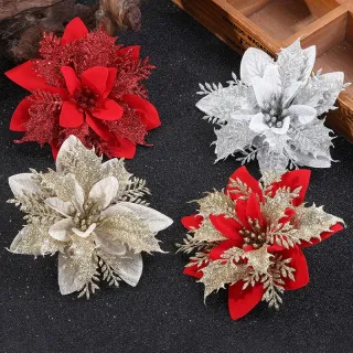 Decorações de Natal Glitter Flores Artificiais Falsas - Enfeites para Árvore Feliz - red gold_14cm