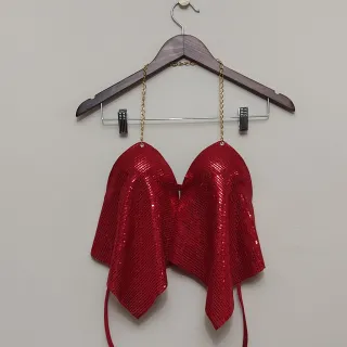 Cropped Frente Única Lurex e Paetê com Corrente Feminino - Rosa Paetê Quadrado Rosa