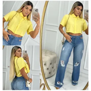 Cropped Feminino Blusa Social Botões Duna Verão 2023 - Preto