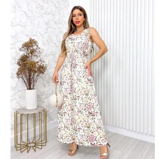 Moda Verão Vestido Estampado Feminino Longo Malha Fria 3RD SD087-1 - Branco