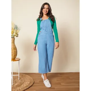 Jardineira Jeans Feminina Alça Regular Pantacourt com Botão Lateral - JEANS ESCURO