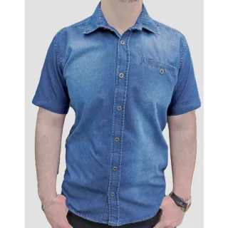 Camisa Premium Masculina Social Manga Curta Jeans - Azul Escuro