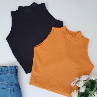 Verão Praia Cropped Gola Alta Canelado Sem Manga - Kit 3 - Preto-preto-preto