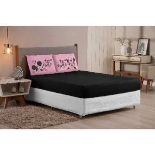 Mickey Minnie Eu te amo - Jogo de lençol King/Queen 3 peças estampado com elástico - Salmão preto