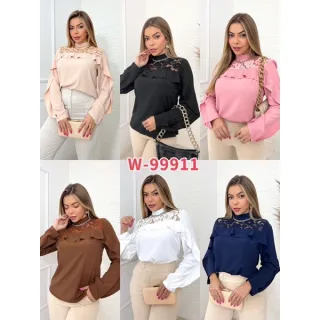 High - W99911 Camisa Social Com Babado - Azul