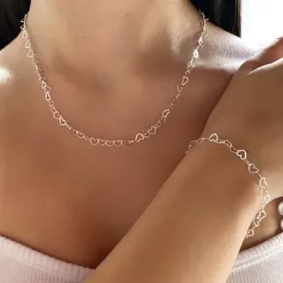 Corrente Feminina Prata 925 Conjunto Colar e Pulseira Coração - Fúcsia