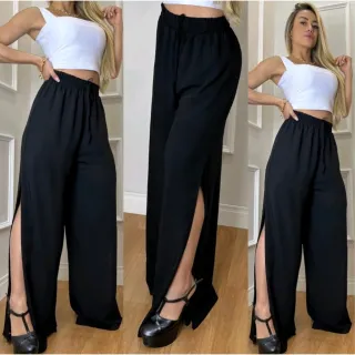 Moda Blogueira: Calça Pantalona Forrada Feminina com Fenda Lateral e Cordão - Tendência Cintura Alta - Preto