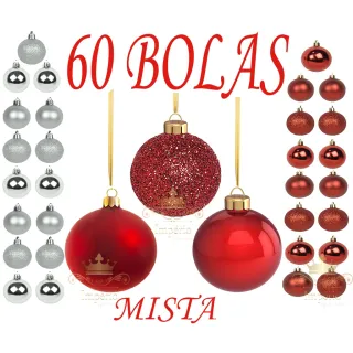Promoção: Kit Natal Mista Vermelha Prata - 60 Bolas Lisa Fosca Glitter - Único