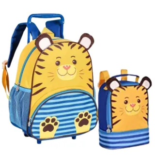 Lançamento Kit Escolar Infantil Clio Pets: Mochila de Rodinhas e Lancheira Animais - Cachorro Marrom