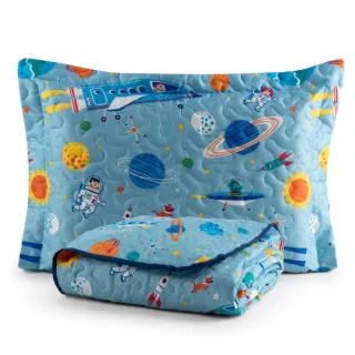 2 Peças Cobre Leito Infantil Solteiro Astronauta Azul Menino Menina - Vale dos Dinos